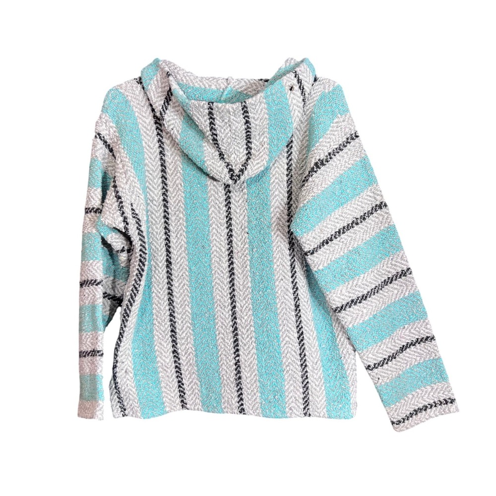 Earth Ragz Size Small Baja Hoodie Turquoise Teal Grey Striped Mexican Poncho - Picture 3 of 13